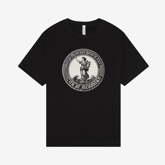 Great Mistake Year CXXVIII members' T shirt, white print on a black Bella+Canvas 3010, front