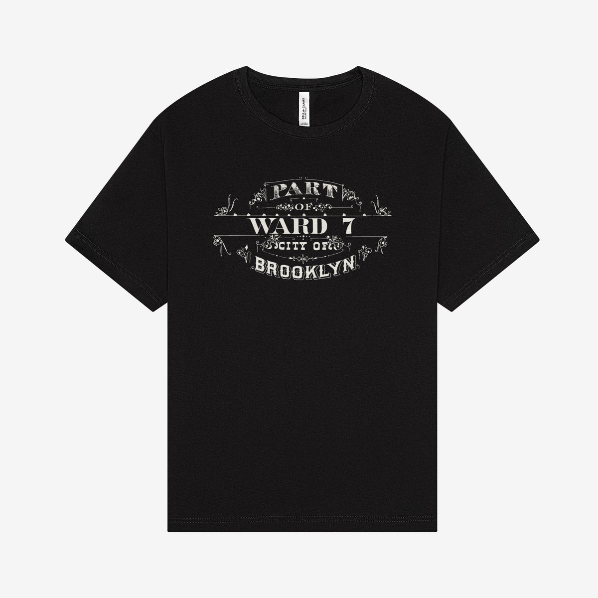 Ward 7 cartouche printed in white on a black T shirt