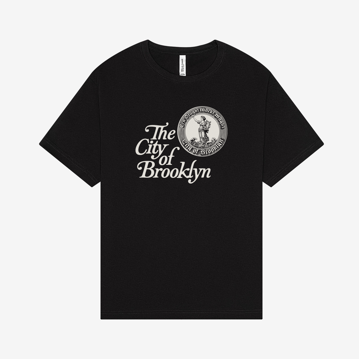 City of Brooklyn Swash T Shirt, white print on a black Bella+Canvas 3010, front
