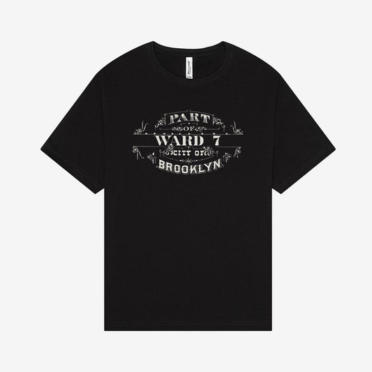 Ward 7 cartouche printed in white on a black T shirt