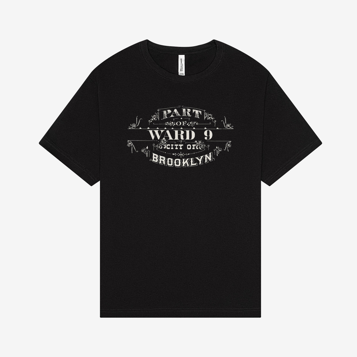 Ward 9 cartouche printed in white on a black T shirt