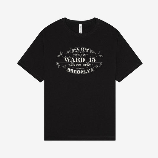 Ward 15 cartouche printed in white on a black T shirt
