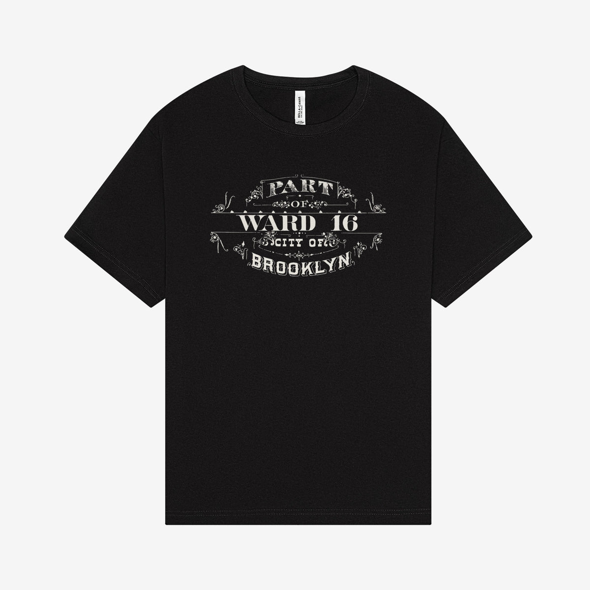 Ward 16 cartouche printed in white on a black T shirt