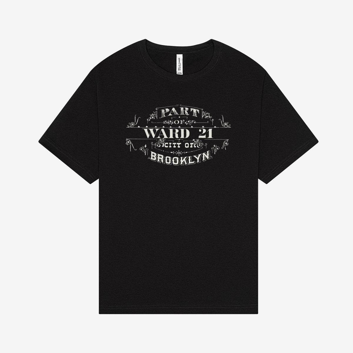 Ward 21 cartouche printed in white on a black T shirt